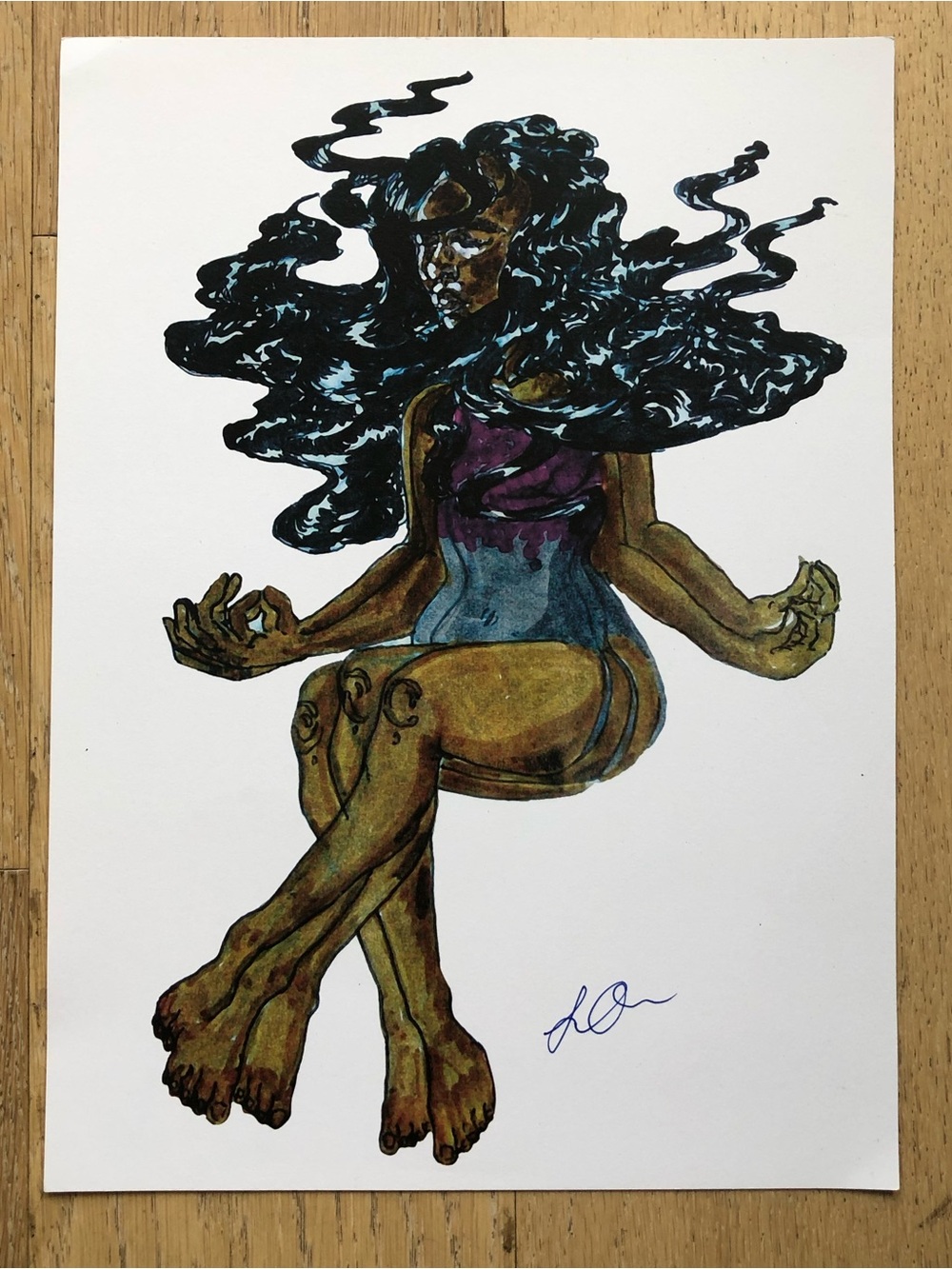 Original Home Art Print - Dark-Haired Meditative Figure in Blue and Purple